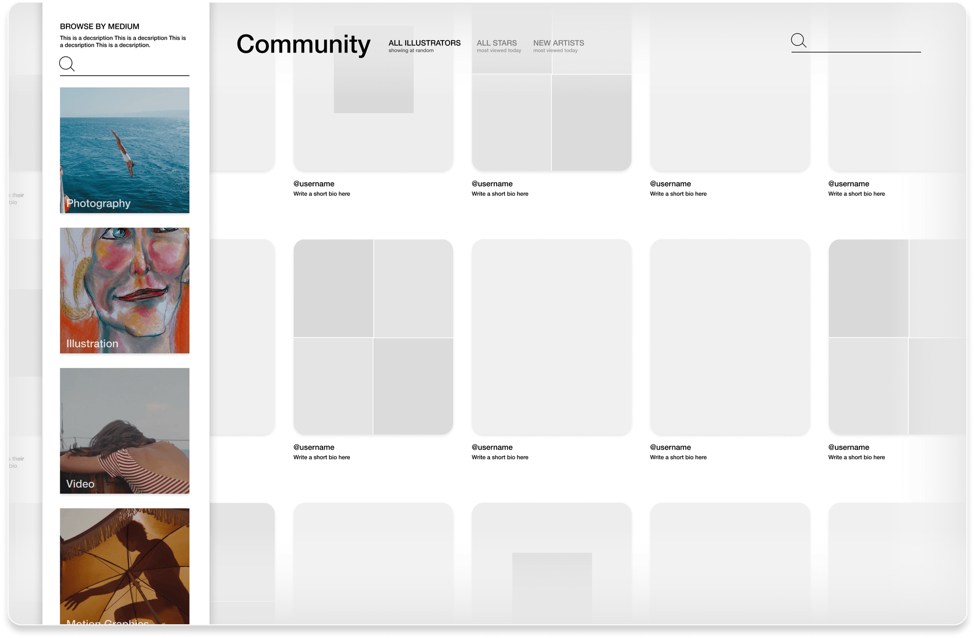 Community interface showing shared work and artist connections